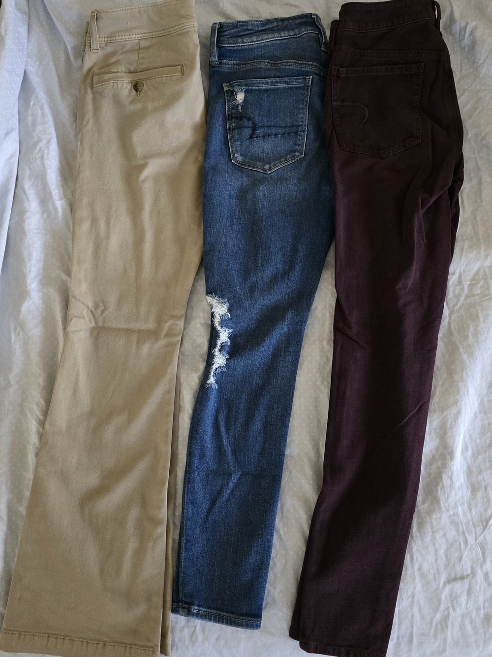 3 Pair American Eagle * Size 6 * Khaki, Distressed Blue Denim, Plum
